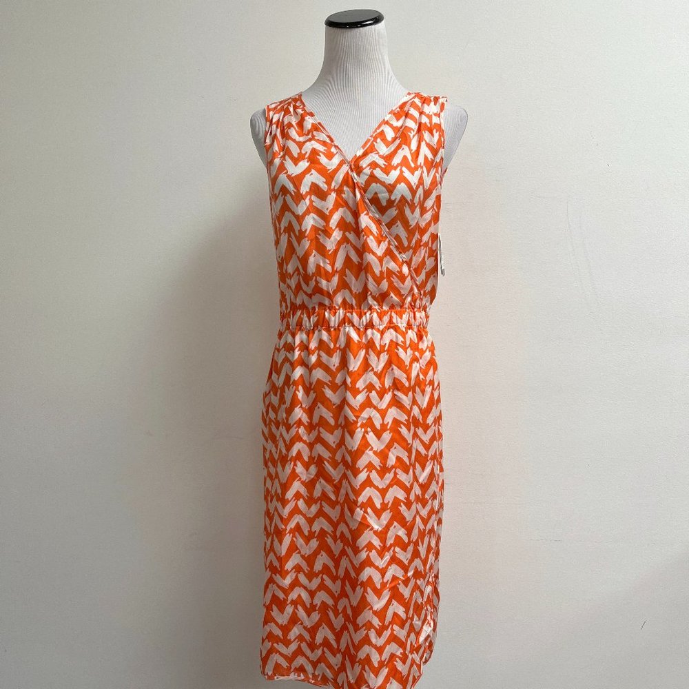 Doncaster orange white silk zig zag sleeveless midi dress M 2 v neck NWT